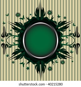 Abstract green frame with small butterflies, flowers and colorful stripes in the background