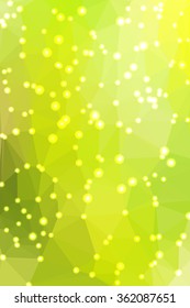 Abstract green geometric background consisting of colored triangles with lights in corners. Vertical format.