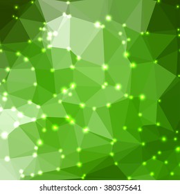 Abstract green geometric background consisting of colored triangles with lights in corners. Low poly square format pattern.