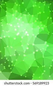 Abstract green geometric background consisting of colored triangles with lights in corners. Vertical format.