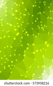 Abstract green geometric background consisting of colored triangles with lights in corners. Vertical format.