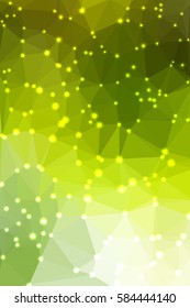 Abstract green geometric background consisting of colored triangles with lights in corners. Vertical format.