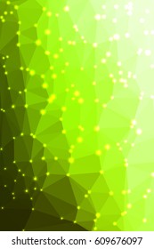 Abstract green geometric background consisting of colored triangles with lights in corners. Vertical format.
