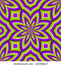 Abstract green geometric background with eight-pointed star (motion illusion). Seamless pattern.