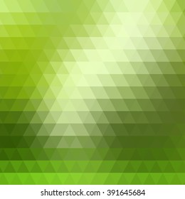 Abstract green geometric background formed with triangles in rows, square format.