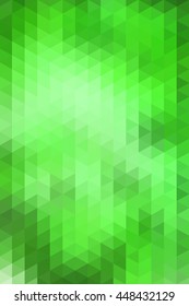 Abstract green geometric background formed with triangles in rows, vertical format.