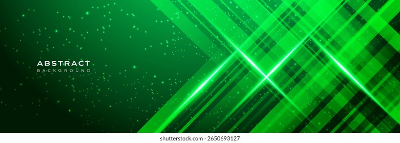Abstract green geometric diagonal technology background with glowing neon lights, stars, modern for banner, presentation, web, cover, vector