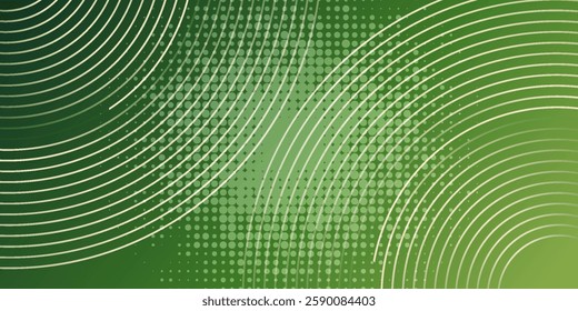 Abstract green geometric lines glowing on dark green background. Modern shiny green circle lines pattern. Futuristic technology concept. Suitable for cover, poster, banner, header, website.
