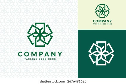 Logotipo geométrico verde abstrato com formas interligadas e um motivo de folha ou flor central, ideal para marca moderna.
