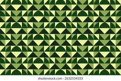 Abstract green geometric seamless pattern for backgrounds, packaging, or fabric design with retro-modern style.
