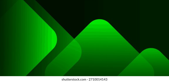 Abstract green geometric shapes overlapping on a dark background. Modern tech style gradient design with glowing smooth curves, perfect for wallpapers, banners, presentations and digital backgrounds