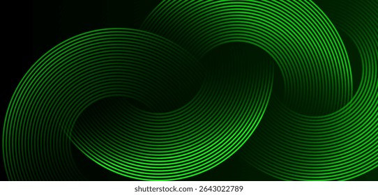 Abstract green glowing geometric circle lines on dark green background . Modern shiny rounded lines.Futuristic technology concept . High quality design. Suit for curve , banner, templates, branding.