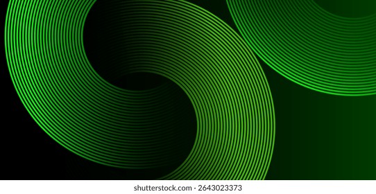 Abstract green glowing geometric circle lines on dark green background . Modern shiny rounded lines.Futuristic technology concept . High quality design. Suit for curve , banner, templates, branding.