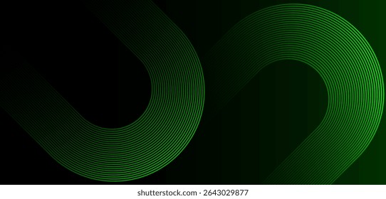 Abstract green glowing geometric diagonal rounded lines on dark green gradient background . Modern shiny dynamic shapes composition lines.Futuristic technology concept .Suit for curve , banner.
