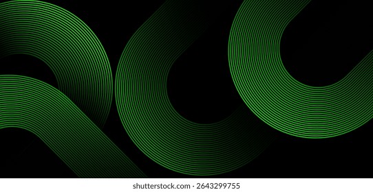 Abstract green glowing geometric diagonal rounded lines on black background . Modern shiny dynamic shapes composition lines.Futuristic technology concept .Suit for curve , banner, templates, tranding.
