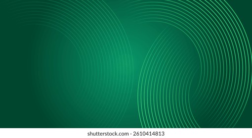 Abstract green glowing geometric lines on dark green background. Shiny circular line pattern. Futuristic tech design perfect for banners, posters, websites, and covers.