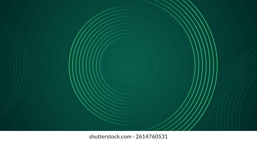 Abstract green glowing geometric lines on dark green background. Shiny circular line pattern. Futuristic tech design perfect for banners, posters, websites, and covers.
