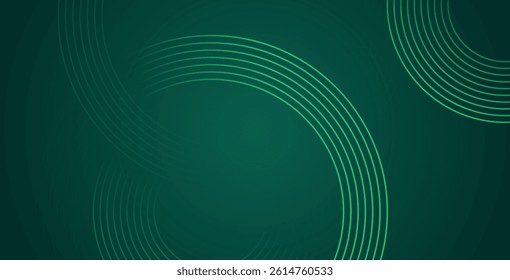 Abstract green glowing geometric lines on dark green background. Shiny circular line pattern. Futuristic tech design perfect for banners, posters, websites, and covers.