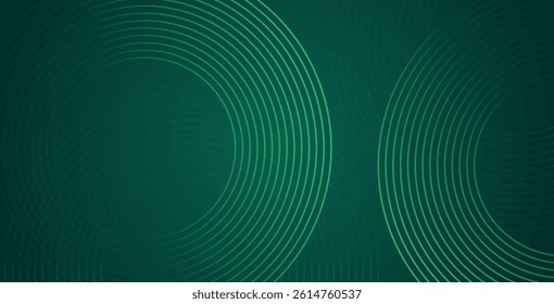 Abstract green glowing geometric lines on dark green background. Shiny circular line pattern. Futuristic tech design perfect for banners, posters, websites, and covers.