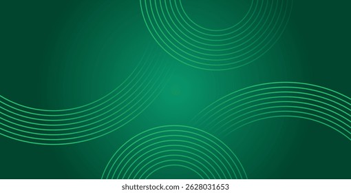 Abstract green glowing geometric lines on dark green background. Shiny circular line pattern. Futuristic tech design perfect for banners, posters, websites, and covers.