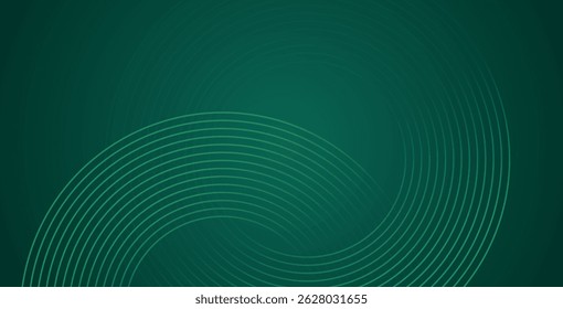 Abstract green glowing geometric lines on dark green background. Shiny circular line pattern. Futuristic tech design perfect for banners, posters, websites, and covers.