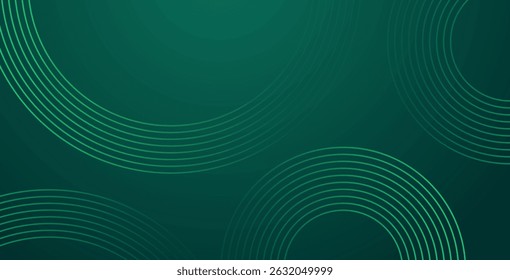 Linhas geométricas brilhantes em verde abstrato no fundo verde escuro. Padrão de linha circular brilhante. Design tecnológico futurista perfeito para banners, cartazes, sites e capas.