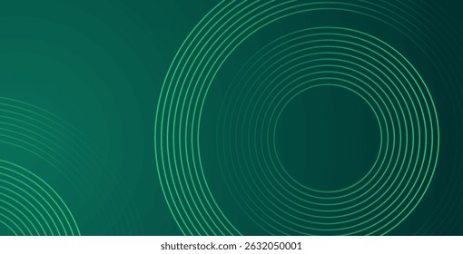 Abstract green glowing geometric lines on dark green background. Shiny circular line pattern. Futuristic tech design perfect for banners, posters, websites, and covers.