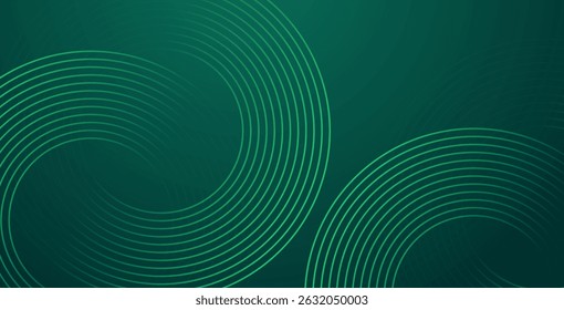 Abstract green glowing geometric lines on dark green background. Shiny circular line pattern. Futuristic tech design perfect for banners, posters, websites, and covers.