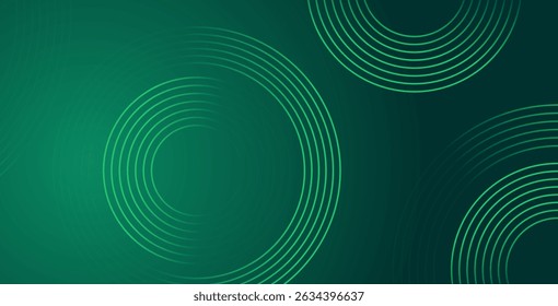 Abstract green glowing geometric lines on dark green background. Shiny circular line pattern. Futuristic tech design perfect for banners, posters, websites, and covers.