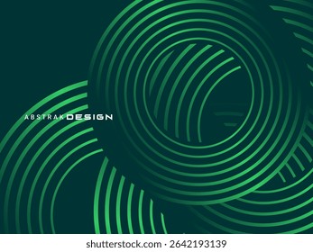 Abstract green glowing geometric lines on dark green background. Modern shiny green circle lines pattern. Futuristic technology concept, suitable for covers, posters, banners, brochures, websites, etc