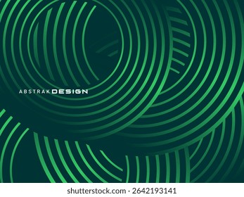 Abstract green glowing geometric lines on dark green background. Modern shiny green circle lines pattern. Futuristic technology concept, suitable for covers, posters, banners, brochures, websites, etc