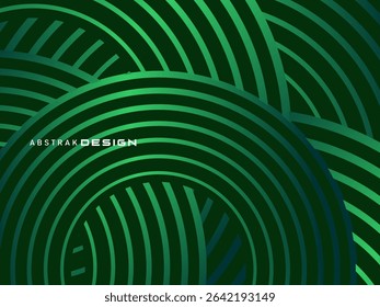 Abstract green glowing geometric lines on dark green background. Modern shiny green circle lines pattern. Futuristic technology concept, suitable for covers, posters, banners, brochures, websites, etc