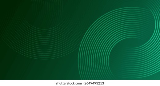 Linhas geométricas brilhantes em verde abstrato no fundo verde escuro. Padrão de linha circular brilhante. Design tecnológico futurista perfeito para banners, cartazes, sites.