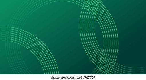Abstract green glowing geometric lines on dark green background. Shiny circular line pattern. Futuristic tech design perfect for banners, posters, websites, and covers.