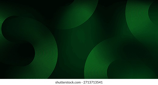 Abstract green glowing geometric lines on dark green background. Shiny circular line pattern. Futuristic tech design perfect for banners, posters, websites, and covers.