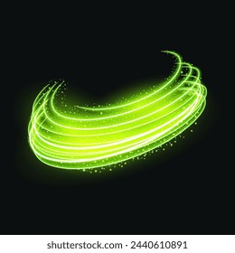 Líneas verdes brillantes abstractas y una elipse clara. Efecto de luz mágica con círculos de neón verde, vivo y lima en movimiento y efecto de remolino de pista. Anillos luminosos con detalles brillantes. Vector.