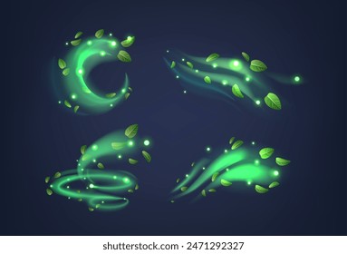 Abstract Green Glowing Peppermint Swirls With Floating Leaves On Dark Background, Realistic 3d Vector Illustration