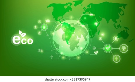 Abstract green glowing planet Earth. Earth hour concept.Wireframe light connection structure. Vector illustration. Web and Social Header Banners for ESG. Sustainable business or green business vector 