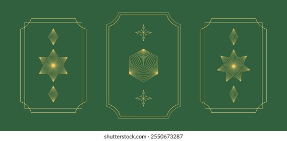 abstract green gold frames. geometric star texture background. traditional pattern set. Christmas styled concept.