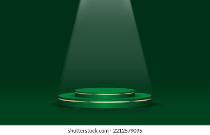 Abstract green gold podium empty room 3d shape with spot light design for product display presentation studio concept minimal wall scene vector illustration.