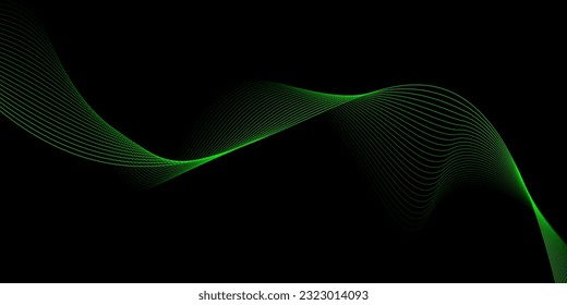 Abstract green gradient color wavy lines on black background.