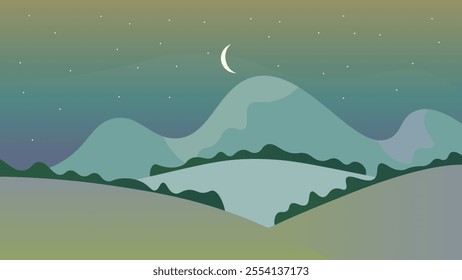 Abstract Green Gray Landscape Background Banner Mountains Moon Night Sky Stars Vector Design