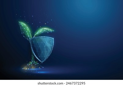 Abstract green growing plant behind the guard shield. Nature protection and smart farming concept. Low poly style. Blue geometric background. Wireframe light structure. 3d graphic. Vector