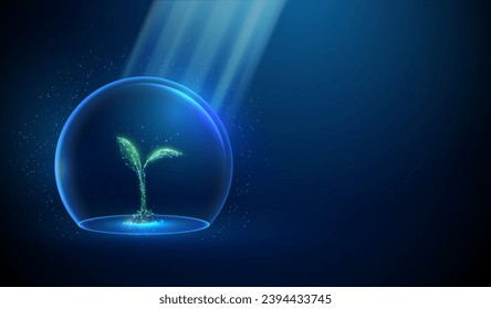 Abstract green growing plant inside glass dome and sun beams. Nature protection and smart farming concept. Low poly style. Blue geometric background. Wireframe light tructure. 3d graphic. Vector