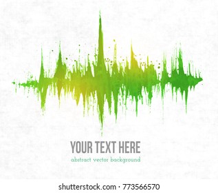 Abstract green grunge background with amplitude modulation. Spectrum analyzer, music equalizer, sound wave. Vector illustration