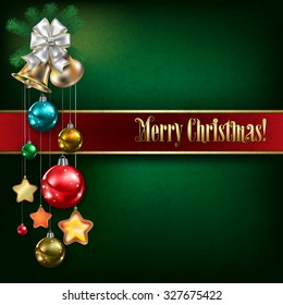 Abstract green grunge background with Christmas bells and decorations