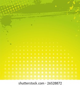 abstract green grunge background with paint splats and half tone pattern