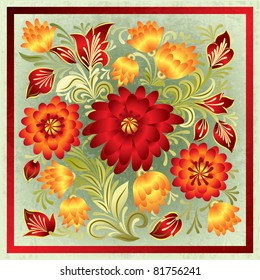 abstract green grunge background with red orange floral ornament