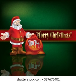 Abstract green grunge background with Santa Claus and Christmas gifts