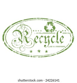 Abstract green grunge rubber office stamp with recycling symbol, small stars and the word recycle written with ancient letters in the middle of the stamp